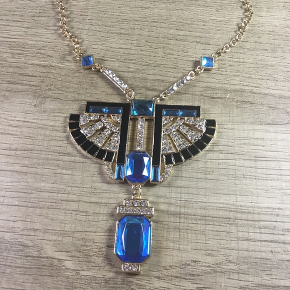 Bohemian Egyptian Elegant Blue and Gold Rhinestone Winged Statement Necklace - Picture 2 of 5